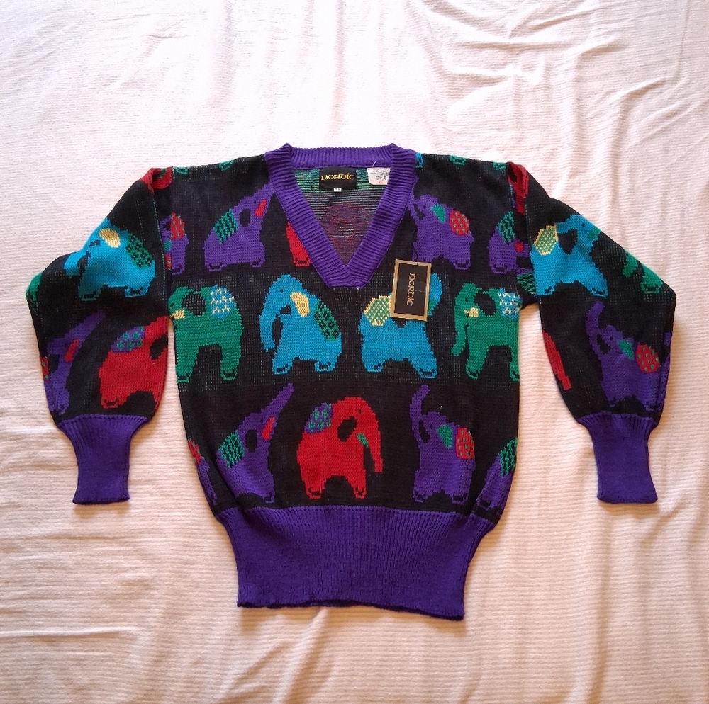 Vintage 1980s Nordic Elephant Print V-Neck Sweater Women's Medium New with Tags